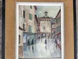 une peinture à l'huile représentant une scène de rue avec des personnes marchant dans la rue