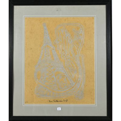 un dessin encadré représentant un chat et un oiseau sur fond jaune