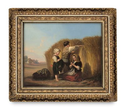 une peinture à l'huile représentant deux hommes et une femme assis sur une botte de foin