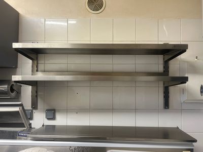 a stainless steel counter top in a commercial kitchen
