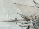 a drawing of a man standing on a beach next to a boat