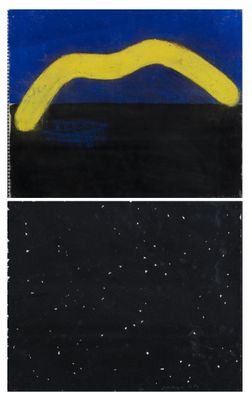 a painting of a yellow worm on top of a black and white background