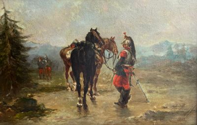 un tableau représentant un homme menant deux chevaux sur un chemin de terre
