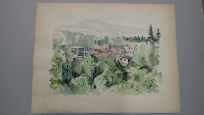 une image représentant une peinture d'une maison dans les bois