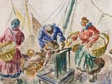 painting of a group of people working on a boat in the water
