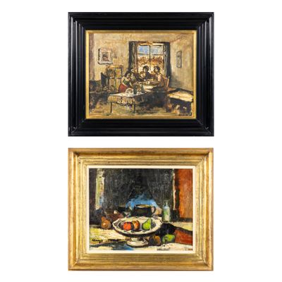 deux tableaux représentant un salon et une salle à manger, avec une corbeille de fruits posée sur une table
