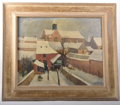a picture of a painting of a snow covered town