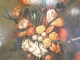 a painting of flowers and fruit in a vase on a table