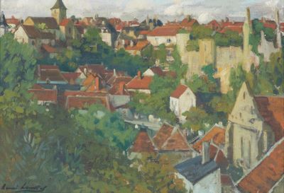 tableau représentant une vue d'une ville depuis une colline, avec une église au loin
