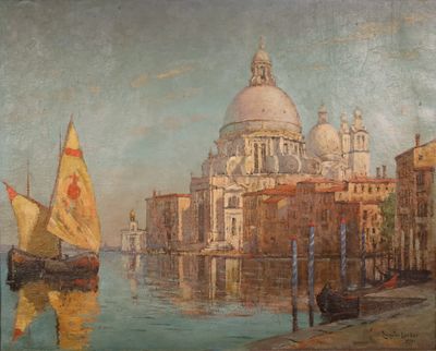 painting of a view of a canal with a boat and a church in the background