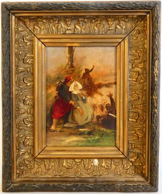 une peinture à l'huile représentant un homme et une femme dans un paysage