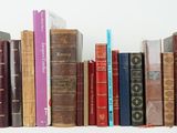 many books that are lined up on a shelf