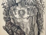 a drawing of a man with a bird on his shoulder
