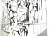 drawing of a man and woman standing in front of a building
