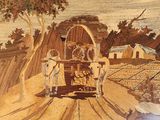un tableau représentant deux vaches tirant une charrette sur laquelle se trouve un homme