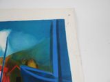 a painting on the wall of a room with a blue curtain