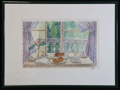 une photo d'un tableau représentant une table sur laquelle se trouvent une tasse de café et des viennoiseries