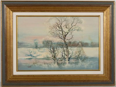 une peinture d'un paysage enneigé avec des arbres au premier plan