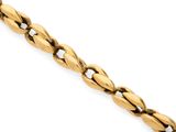 a gold chain bracelet with a twisted link on a white background