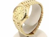 yellow gold rolex watch with roman numerals on display