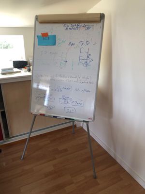 a white board with writing on it in the corner of a room