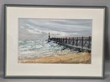 painting of a pier on a beach with waves coming in from the water