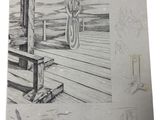 pencil drawing of a woman standing on a porch looking out at the ocean
