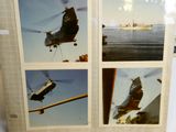 four pictures of a helicopter and a boat in the water