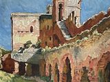 a painting of a castle on a hill with a blue sky in the background