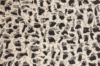 a black and white drawing of cats and dogs on a wall
