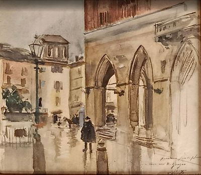 une peinture de personnes marchant dans la rue sous la pluie