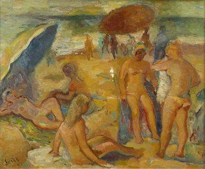 a painting of a group of people on the beach