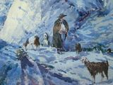 a painting of a man walking with a herd of sheep