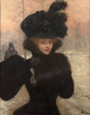 tableau représentant une femme vêtue d'un manteau de fourrure et d'un chapeau, tenant un éventail