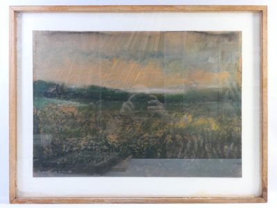 painting of a field of flowers with a barn in the distance