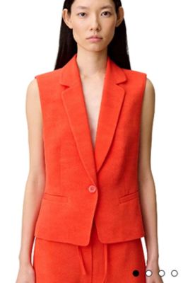 an image of a woman in an orange suit with a handbag