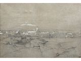 drawing of a view of a city with a mountain in the background