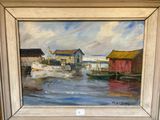 une peinture représentant un bateau dans un port, avec une maison en arrière-plan