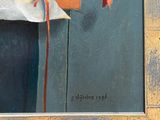 a painting of a cat that is sitting on a window sill