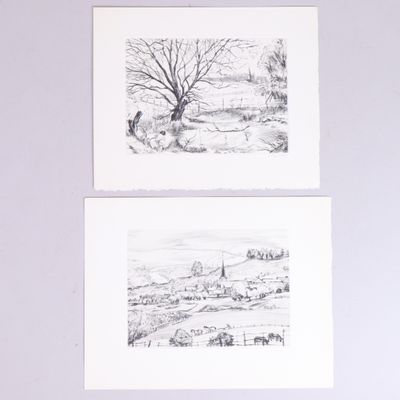 deux dessins en noir et blanc représentant un homme et un chien dans un champ