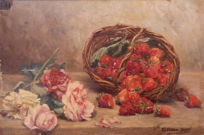 tableau représentant un panier de fraises et de roses posé sur une table