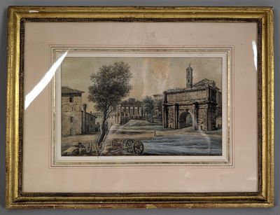 painting of a street scene with a horse drawn carriage in front of a building