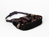 black velvet fanny bag with a floral design and a purple belt