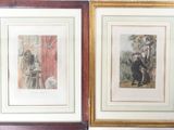 two framed pictures of a man and a woman on a bench