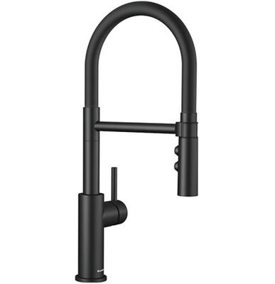 a black kitchen faucet with a single handle