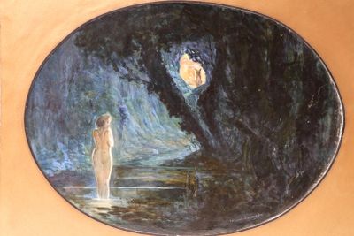 un tableau représentant une femme debout dans l'eau, la nuit