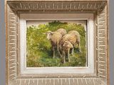 a painting of two sheep in a field of grass