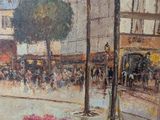 a painting of a street scene with people walking down the street