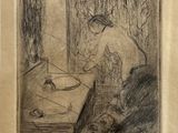un dessin représentant une femme dans une salle de bains avec un miroir