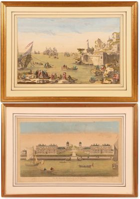 two watercolor paintings of a view of a city and a river